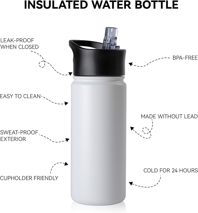 16 oz Insulated Water Bottle Bulk 4 Pack, Straw & Spout Lid, Keep Cold 24H, Spill Proof, BPA-Free, Double Wall, Stainless Steel Kids Water Bottles for School, Sports, White