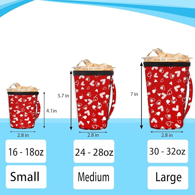 Red White Heart Reusable Coffee Sleeves Iced Coffee Cozy Insulator,Valentine's Day Neoprene Holder with Handle for Cold Coffee or Ice Drink, Large 30-32oz