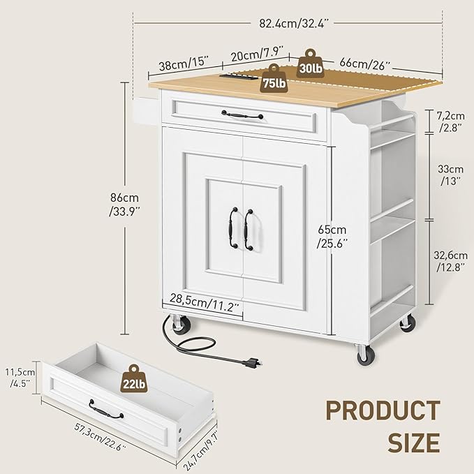 Kitchen Island with Power Outlets & Drop Leaf, Rolling Kitchen Cart on Wheels, Kitchen Storage Island with Spice Rack and Drawer, Mobile Island Table for Kitchen, Dinning, White and Natural