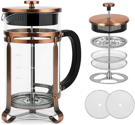 French Press Coffee Maker with Copper Frame, Multi-Layer Stainless Steel Filter, Glass Carafe with Measurement Markings, Easy to Clean, for Home & Office