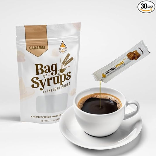 Single Serving Caramel Syrup Packets for Coffee and Cocktails - 6mL Each, 30 Count - Bag of Syrups by Infused Pours (6mL, Caramel)
