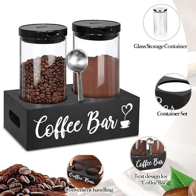 Glass Coffee Containers with Shelf & Scoop, 2 Pcs 48OZ Coffee Storage Jars with Airtight Lid for Coffee Beans, Coffee Powder, Nuts, Snack, Sugar, Tea, Black