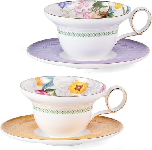 KAMMAK Ceramic Coffee Cups Saucers Set of 2, Porcelain Espresso Cups with Saucers, 5.92 oz Handmade Elegant Bone China Tea Cup, Ceramic Floral Pattern Demitasse for Latte, Americano, Cappuccino