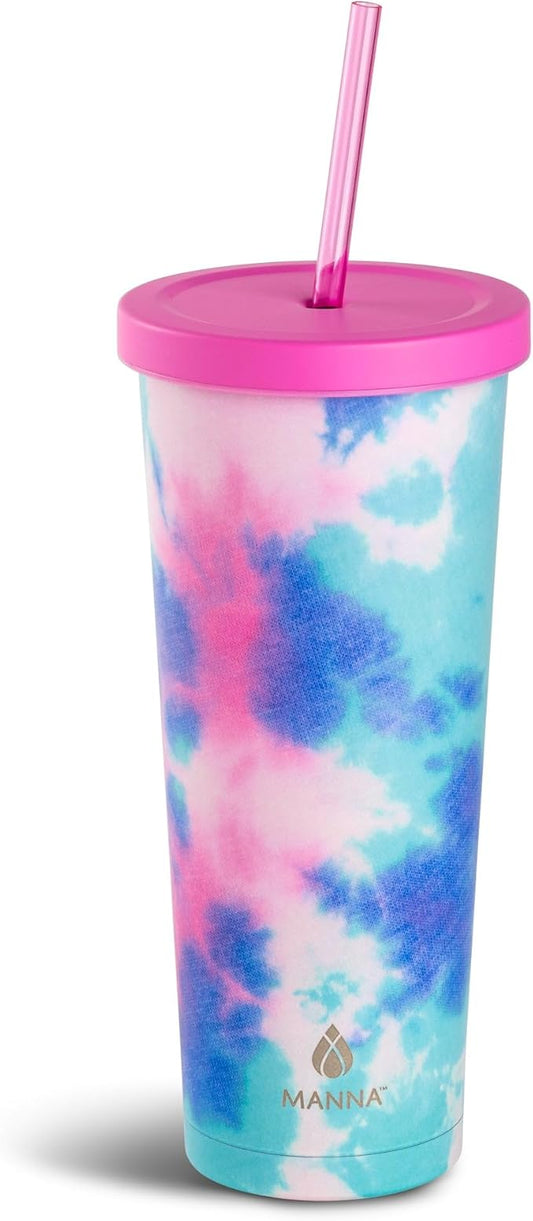 Manna Chilly Double-wall Vacuum Insulated Stainless Steel Tumbler with Splash-proof Lid and Reusable Tritan Straw - 24 Oz - Bright Tie Dye
