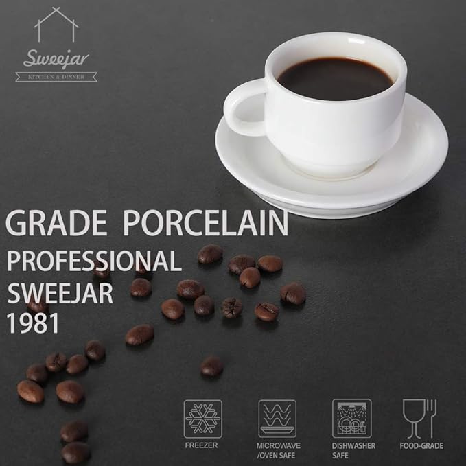 Sweejar Porcelain Espresso Cup & Saucer Set, Stackable Demitasse Cups with Metal Stand, 2.5 OZ for Latte,Coffee,Cafe Mocha,Tea, Set of 6(White)