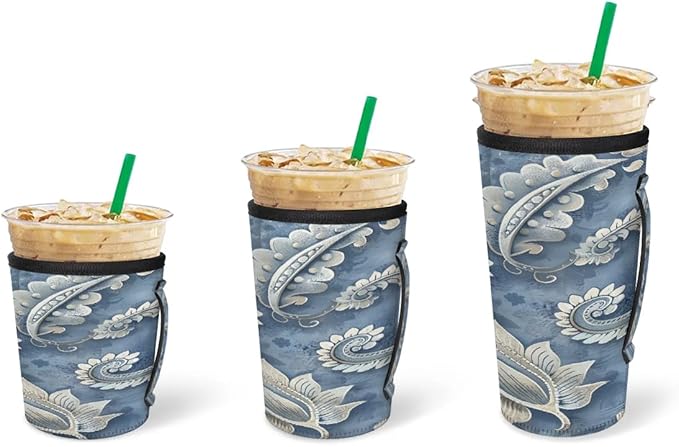 Reusable Iced Coffee Cup Sleeve Paisley Neoprene Insulated Sleeves Cup Holder with handle Idea for 24oz - 28oz