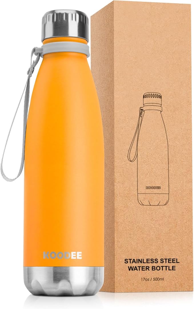 koodee Insulated Water Bottle, 17 oz Stainless Steel Double Wall Vacuum Flask Cola Shape Leak Proof Sports Water Bottle (Mango Yellow)