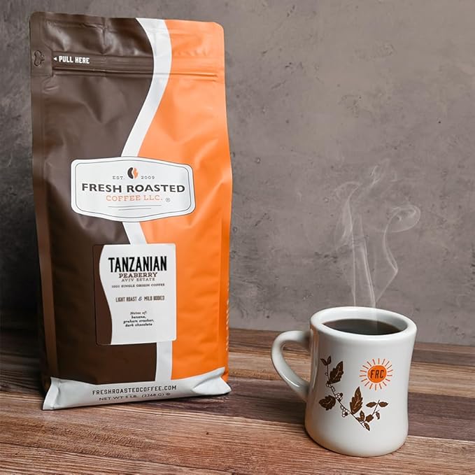 Fresh Roasted Coffee, Tanzanian Peaberry, 5 lb (80 oz), Light Roast, Kosher, Whole Bean