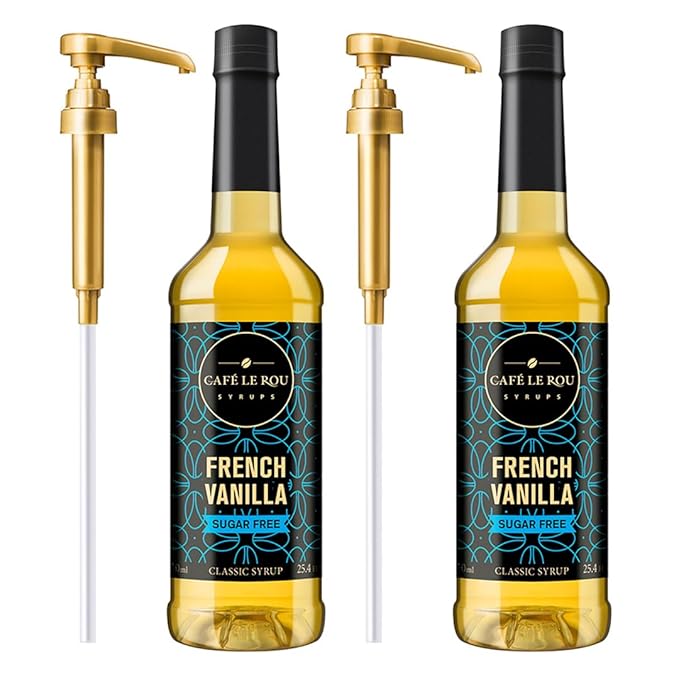 NEW Café Le Rou Coffee Syrup Sugar Free French Vanilla, 25.4oz (Pack of 2)*Includes 2 Coffee Syrup Pumps*Cafe Coffee Flavoring Syrup for Coffee, Tea, and Espresso
