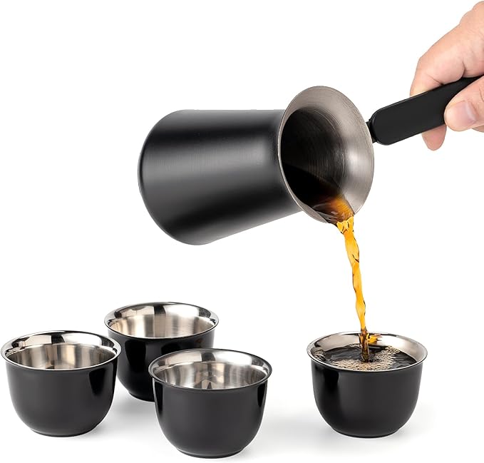 UNISWEET Turkish Coffee Pot Set- Coffee Maker, Briki Greek Turkish Pot with 4 Small Cups, Arabic Tea Pot, Cezve/Ibrik Coffee Pot for Stovetop(1 pot and 4 small cups)