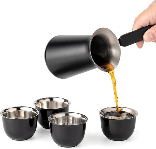 UNISWEET Turkish Coffee Pot Set- Coffee Maker, Briki Greek Turkish Pot with 4 Small Cups, Arabic Tea Pot, Cezve/Ibrik Coffee Pot for Stovetop(1 pot and 4 small cups)