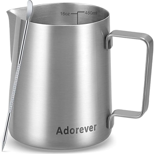 Milk Frothing Pitcher, 16oz Stainless Steel Milk Frother Cup Steaming Pitcher, Cappuccino Espresso Accessories Coffee Bar Barista Tools, Metal Steamer Cup Milk Jug with Latte Art Pen