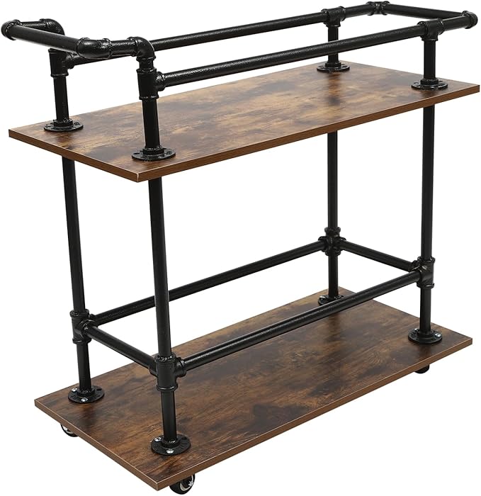 Industrial Bar Cart with Wheels, 2-Tier Rolling Kitchen Serving Cart, Mobile Wine Rack Storage Cart with Locking Casters for Home Bar Cafe Office