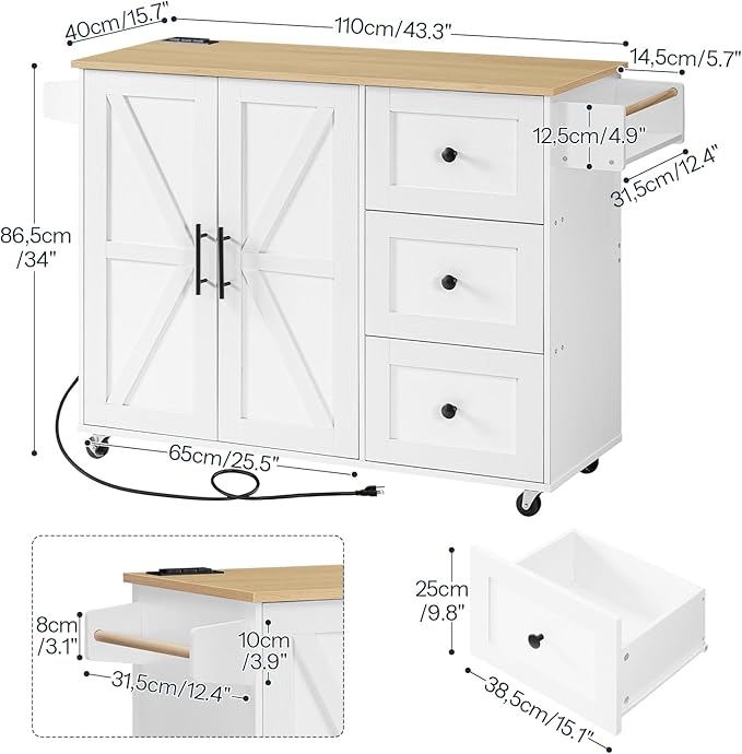 HOOBRO Kitchen Island with Power Outlet, Rolling Kitchen Island on Wheels, Island Table with 3 Large Drawers, Storage Cabinet, Spice Rack and Adjustable Shelf, White and Natural WN15UZD01