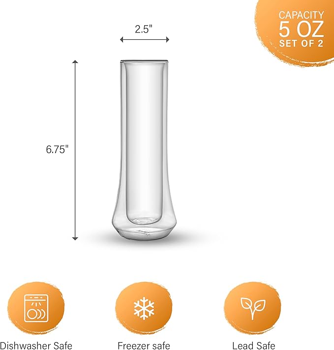 JoyJolt Cosmo Double Wall Stemless Champagne Flutes – Set of 2 Mimosa Glasses, Ideal for Weddings, or Bridal Showers – Cheerful Stemless Champagne Glasses – 148 ml / 5 oz Set of Sparkling Glasses