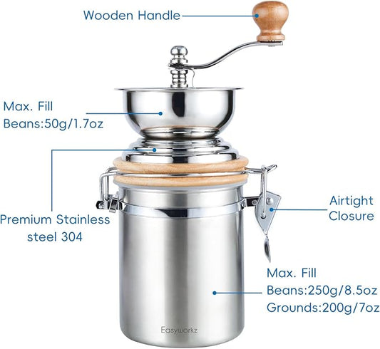 Easyworkz Manual Coffee Grinder - Adjustable Settings, Airtight Canister - Coffee Bean Mill Tool for Kitchen, Hand Crank Coffee Grinder