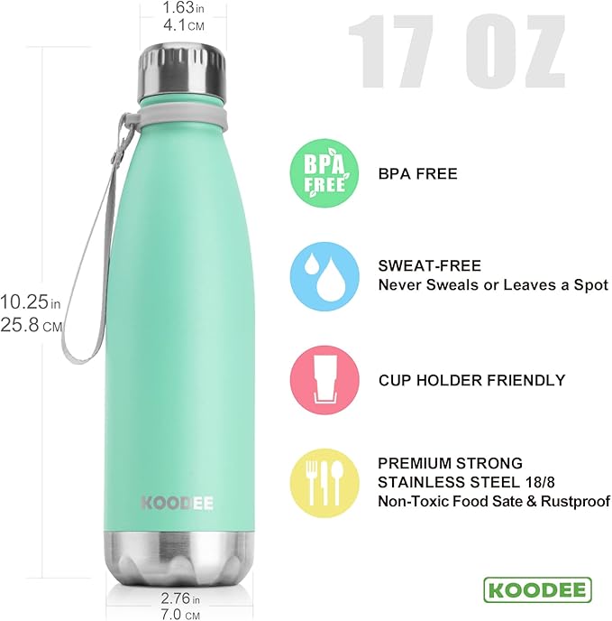 koodee Insulated Water Bottle, 17 oz Stainless Steel Double Wall Vacuum Flask Cola Shape Leak Proof Sports Water Bottle (Aquamarine Blue)