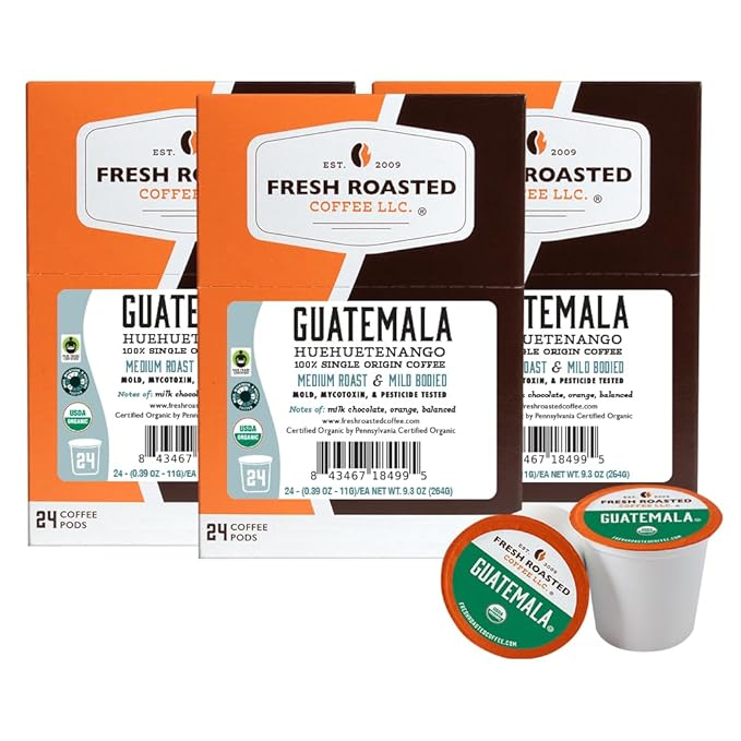 Fresh Roasted Coffee, Organic Guatemala | Single Origin, USDA Organic, Mold & Myco 3rd Party Tested, Kosher | 72 Pods for K Cup Brewers