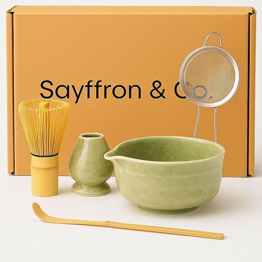 Matcha Whisk Set, 5 Pcs Matcha Kit, Premium Ceramic Matcha Set, Whisk and Bowl, Sifter, Cup Holder, Bamboo Scoop, Tea Plucking, Tea Towel, Matcha Lovers (Jade Green)