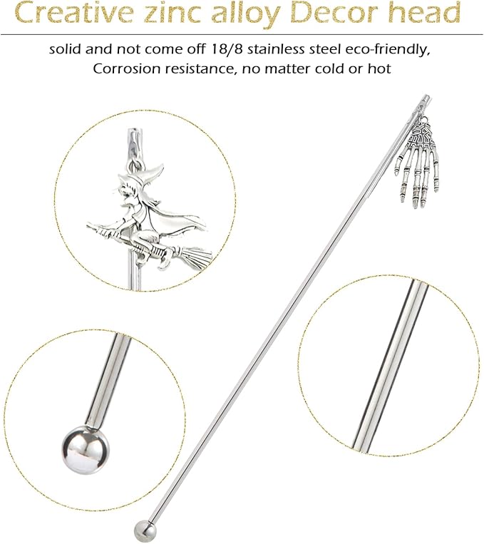 6Pcs Halloween Skull Charms Cocktail Stirrers Swizzle Sticks Stainless Steel 7.5" Coffee Beverage Stir Sticks for Mixing Cocktail, Hot Cocoa, Creamer