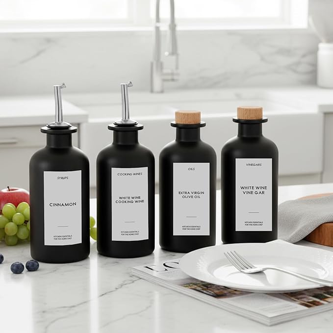4PCS Olive Oil Dispenser Bottle For Kitchen, Soy Sauce Dispenser w. Labels, Glass Oil and Vinegar Dispenser Set, Coffee Syrup Dispenser，Cooking Oil Dispenser (Black,12OZ)