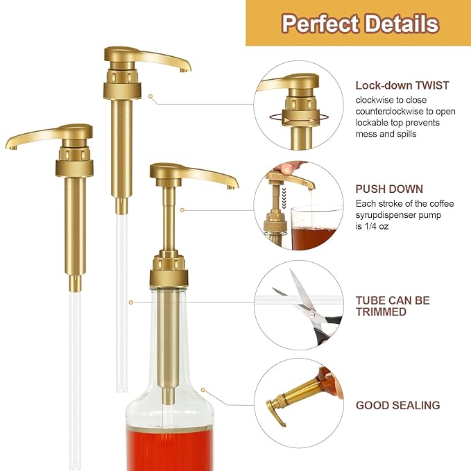 Kdzdong-6Pcs Gold Coffee Syrup Pumps, Compatible with 25.4 Oz/750ml Bottles, Great for Home & Coffee Bar Drinking Mixes, Tea, Beverage, Cocktails