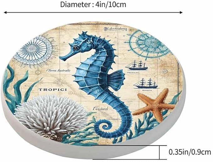 Blue Seahorse Anti Slip Coasters Ocean Wildlife Sea Animals Adventure Aquatic Rose Nautical Map Cups Place Mats for Table Home Decor 4 Inches Living Room Kitchen Coffee Table,2 Pcs