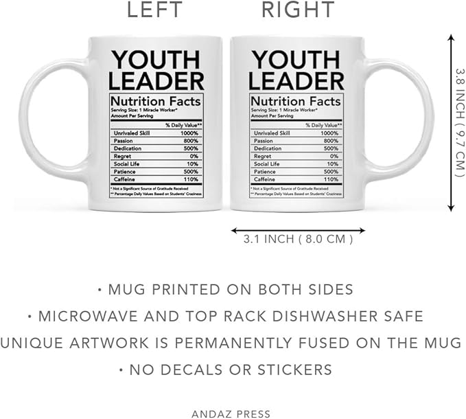 Andaz Press Funny 11oz. Ceramic Coffee Tea Mug - Thank You Gift, Nutritional Facts, Perfect for Youth Leaders - Christmas & Birthday Ideas