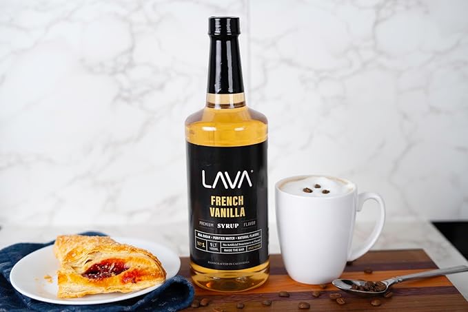 LAVA Premium French Vanilla Syrup, Natural Vanilla Coffee Sweetener, 33.8oz (1-Liter), Made with 100% Sugar, No Artificial Sweeteners, Flavors, or Colors. (1-Pack)