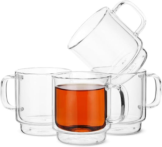 BTaT- Double Walled Stackable Espresso Cups, 5 oz, Set of 4, Clear Coffee Mugs, Double Wall Insulated Espresso Cups, Coffee Mugs for Tea, Lattes, Hot & Cold Beverages