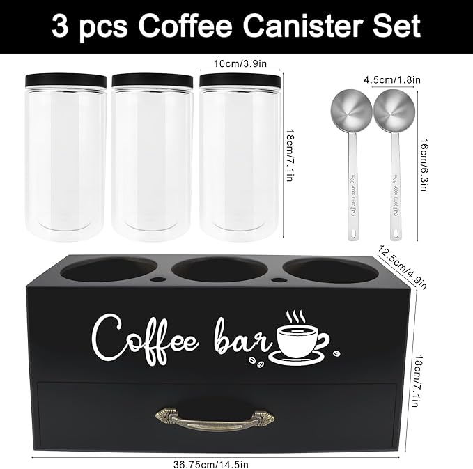 54 oz Coffee Canister Set with Shelf, Coffee and Sugar Container Set of 3 Canisters Sets for Kitchen Counter, Plastic Coffee Bean Storage Container with Scoop (Black - Drawer)