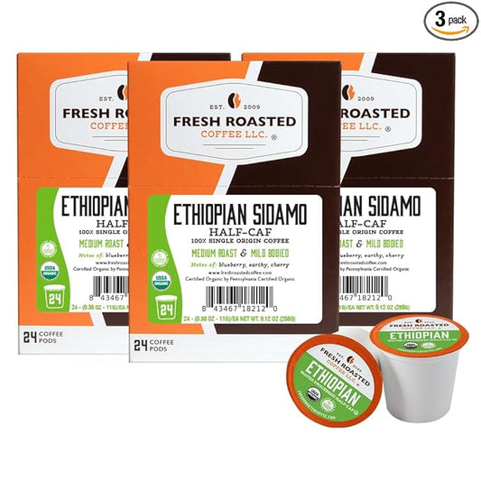 Fresh Roasted Coffee, Organic Ethiopian Sidamo Water-Processed Half-Caf | USDA Organic, 100% Single Origin, Kosher | Medium Roast 72 Pods for K Cup Brewers