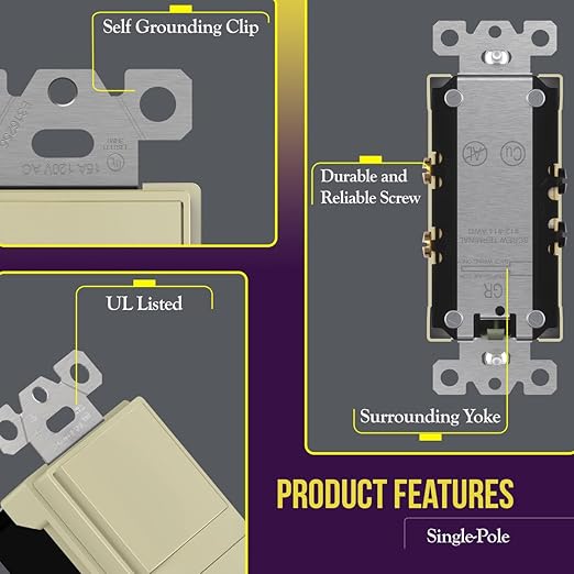 ENERLITES Double Paddle Rocker Decorator Switch, Gloss Finish, Ground Terminal, Clamp-Type Wiring, Copper Wires Only, Single Pole, Residential/Commercial Grade, 15A 120-277VAC, 62834-I, Ivory