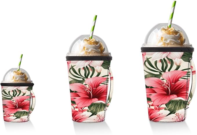 Reusable Iced Coffee Cup Sleeve Tropical Flowers Neoprene Insulated Sleeves Cup Holder with handle Idea for 16oz - 18oz