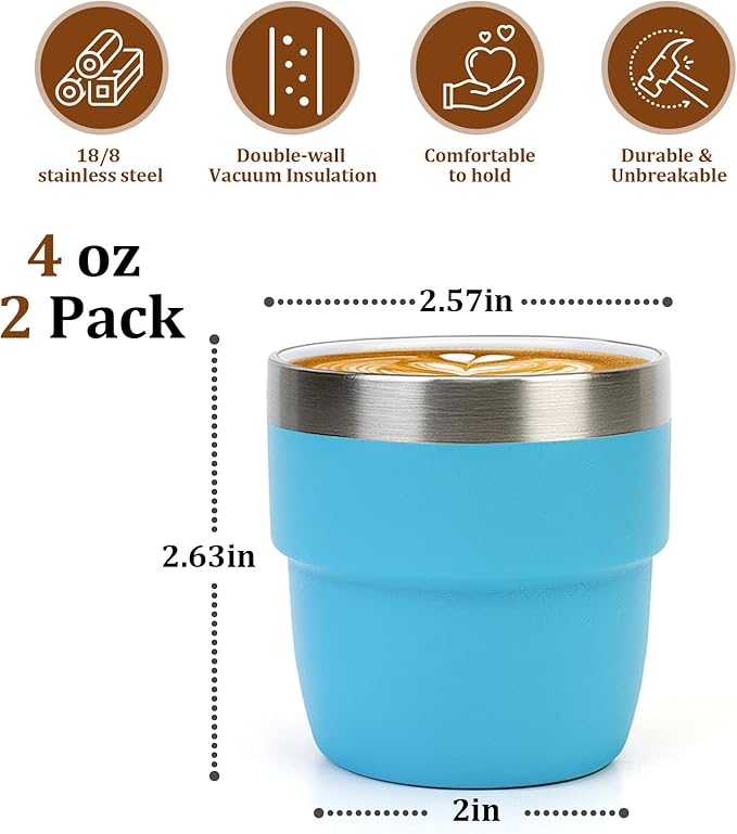 Zenbo 4 oz Espresso/Coffee Cups, Ceramic-Lined Double Wall Vacuum Insulated 18/8 Stainless Steel, Stackable & Dishwasher Safe, Space-Saving, Compatible with Most Espresso & Coffee Makers, 2 Pack