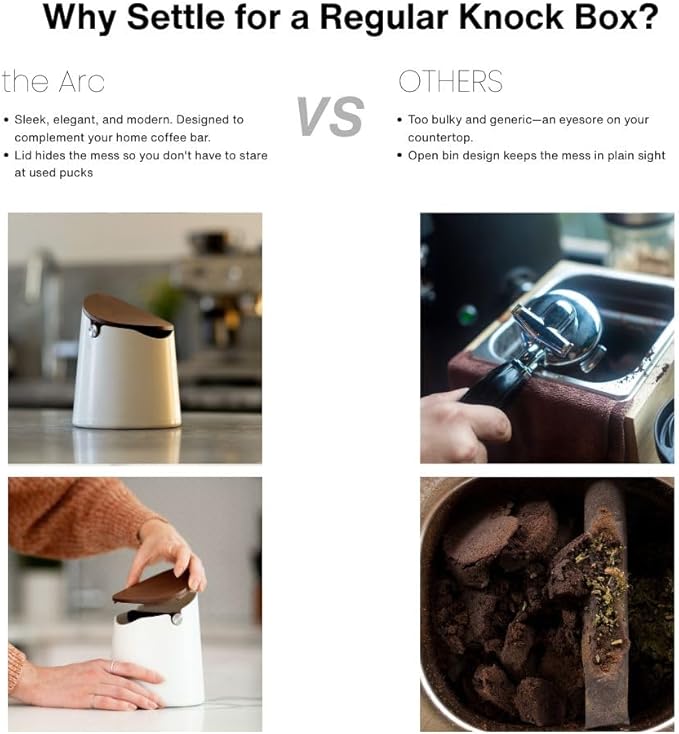 Crema Coffee Products Arc Knock Box | Holds 12–16 Espresso Pucks | Durable Stain Resistant Build with Non Slip Base | Walnut Plastic Lid | Easy Clean Up Moisture Control | Black Finish