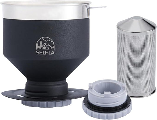 Stainless Steel Pour Over Coffee Filter, Reusable Dripper for Insulated Mugs, Paperless Coffee Maker for Hiking, Camping & Outdoor Adventures, Rinse-clean & Portable - Black