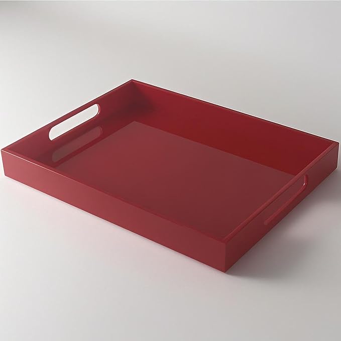 Sturdy 16" Acrylic Serving Tray with Handles - Ottoman Coffee Table Organizer for Food, Tea, Snacks, Vanity & Kitchen Countertop - Multi-Use for Bathroom, Living Room, Bar Parties (red)