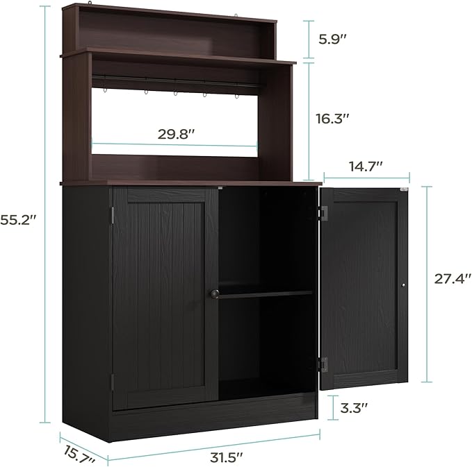 MHOM Farmhouse Coffee Bar Cabinet with Storage, Rustic Buffet Cabinet with 5 Hooks, Small Coffee Station Cabinet for Kitchen & Dining Room, Antique Black