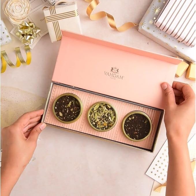 VAHDAM, BLUSH - Assorted Valentines Day Tea Gift Set for Women (3 Premium Teas) Tin Caddy Presentation Box | Loose Leaf Teas | Gluten Free & Non GMO | Valentines Day Gifts for Him & Her