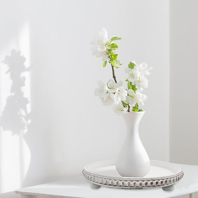 Decorative Tray: 12in White Round Wood Butler ServingTray Candle Holder Trays Vintage Centerpiece Farmhouse Ottoman Tray for Decor Countertop Home Decor Accessories