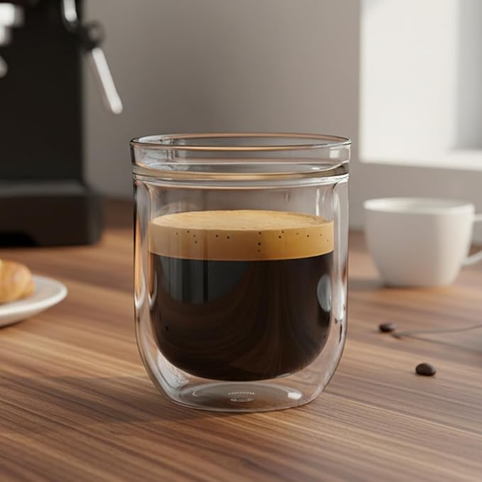 Aquach Double Wall Glass Espresso Coffee Cup 8 oz. 2pcs, Clear Drinking Glasses Insulated, Single Wall Mouth/Double Wall Body