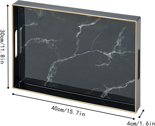 Serving Tray, Marble Plastic Food Trays for Eating on Lap Decor Coffee Tray with Handles Rectangular Non-Slip Candle Plate, 15.7"x11.8"x1.6" Large Drinks Platter for Kitchen/Living Room/Bedroom