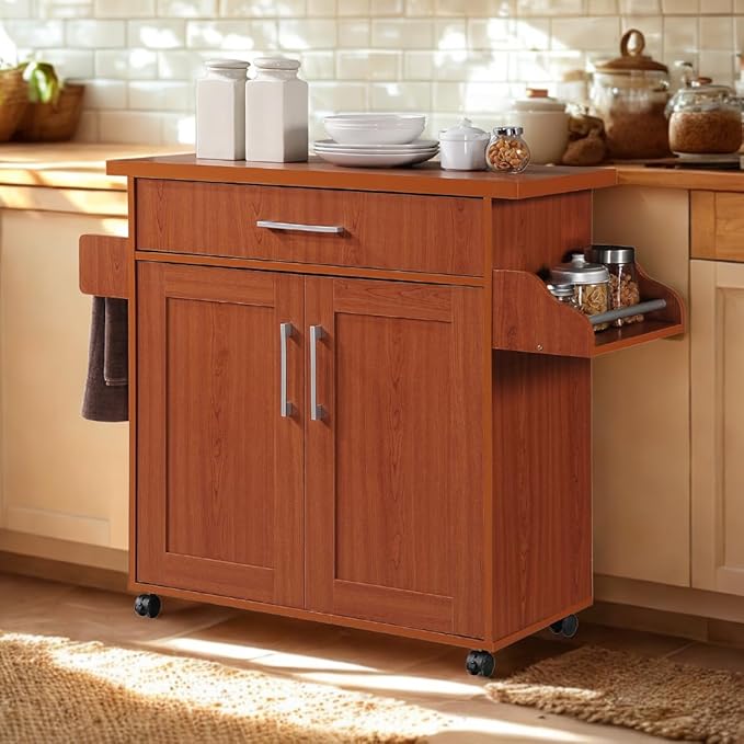 Hodedah Rolling Wood Kitchen Island Cart with Spice Rack, Towel Rack, Utensil Drawer plus Cabinet, White with Beech Top