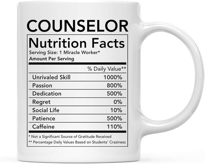 Andaz Press Funny 11oz. Ceramic Coffee Tea Mug Thank You Gift, Counselor Nutritional Facts, 1-Pack