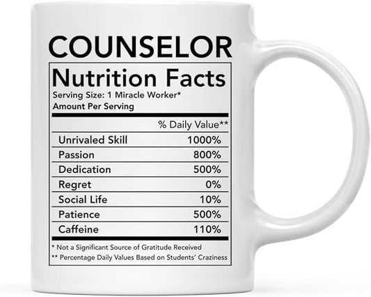 Andaz Press Funny 11oz. Ceramic Coffee Tea Mug Thank You Gift, Counselor Nutritional Facts, 1-Pack