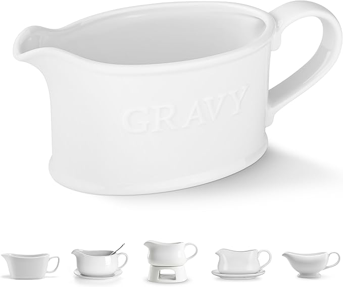 Kook Ceramic Gravy Boat, Serving Dispenser, Porcelain Pitcher for Sauces, Dressings and Creamer, Large Handle, Microwave and Dishwasher Safe, 18 oz, White