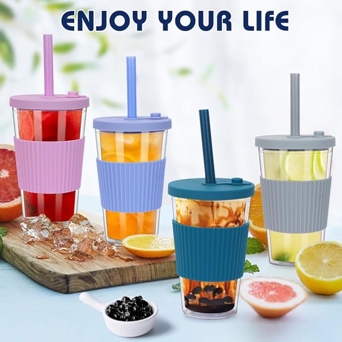 2 Pack Boba Tea Cup, 500ml/17oz Double Wall Plastic Tumbler with Straw and Lid, Leakproof Iced Coffee Smoothie Cup Bubble Tea Cup, Insulated Tumbler with Straw, Cool Gray and Indigo Blue