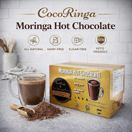 COCORINGA Moringa Hot Chocolate Cacao (LARGE box) First Natural Keto Non-dairy Hot Cocoa, Caffeine Free, Low Carb, High Protein, Sugar Free,