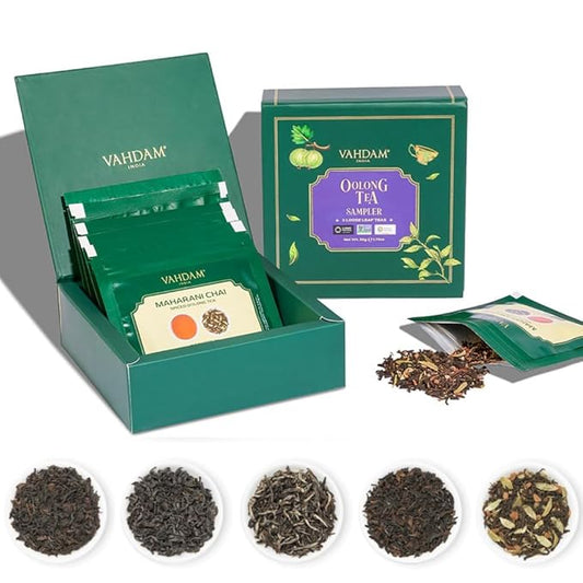 VAHDAM Assorted Oolong Tea Sampler Gift Set (5 Flavors) – Gluten-Free, Non-GMO | 5 Unblended Loose Leaf Teas | Tea Variety Pack | Valentines Day Gifts for Him & Her